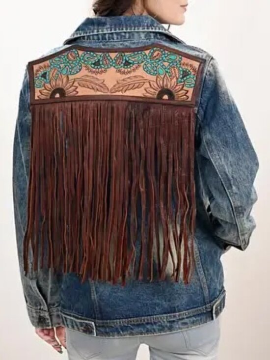 Jackets & Blazers - Western Denim Jacket with Tooled Sunflower Yoke & Turquoise Feather Fringe large
